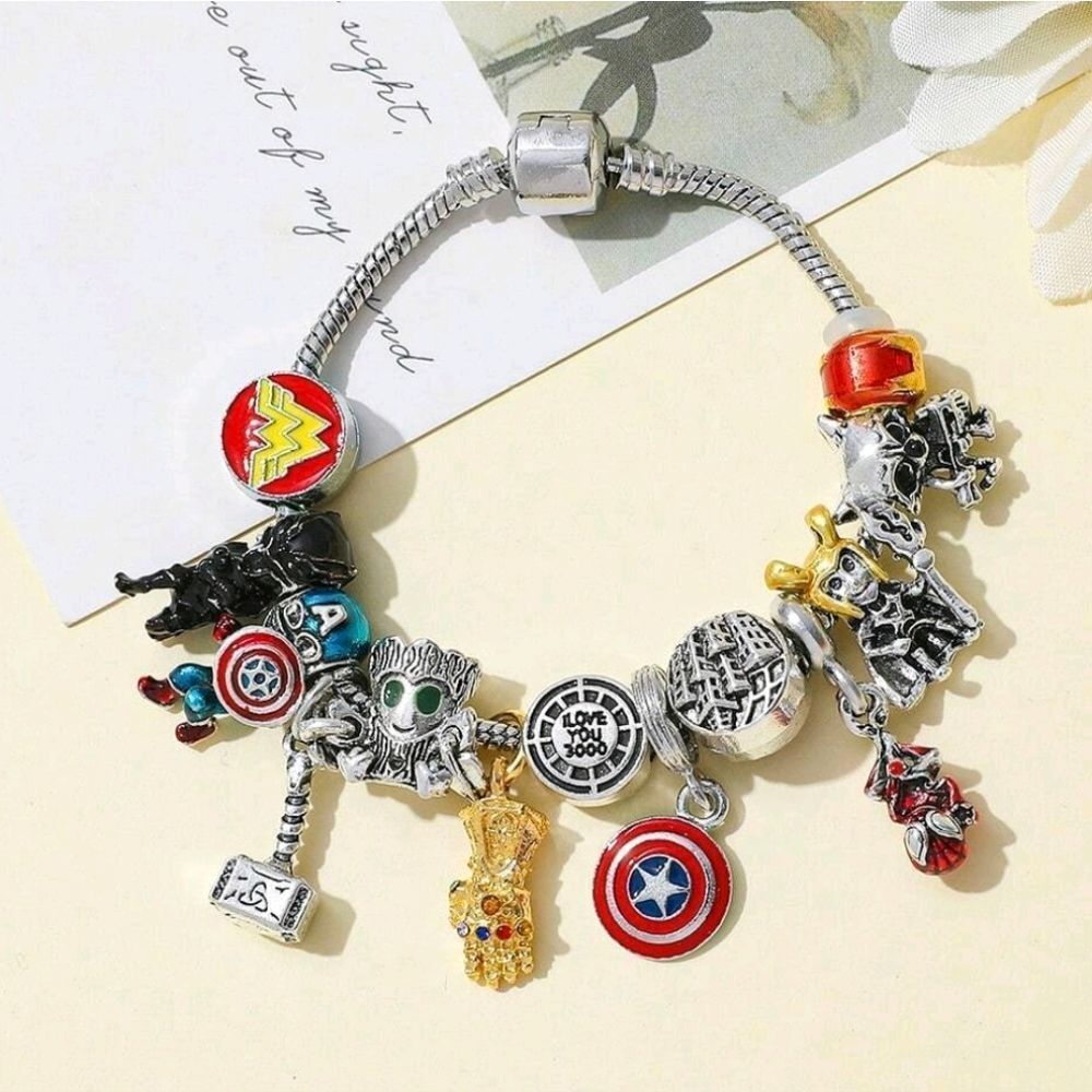Silver Marvel Avengers Spiderman Characters Themed Loaded Charm Bracelet